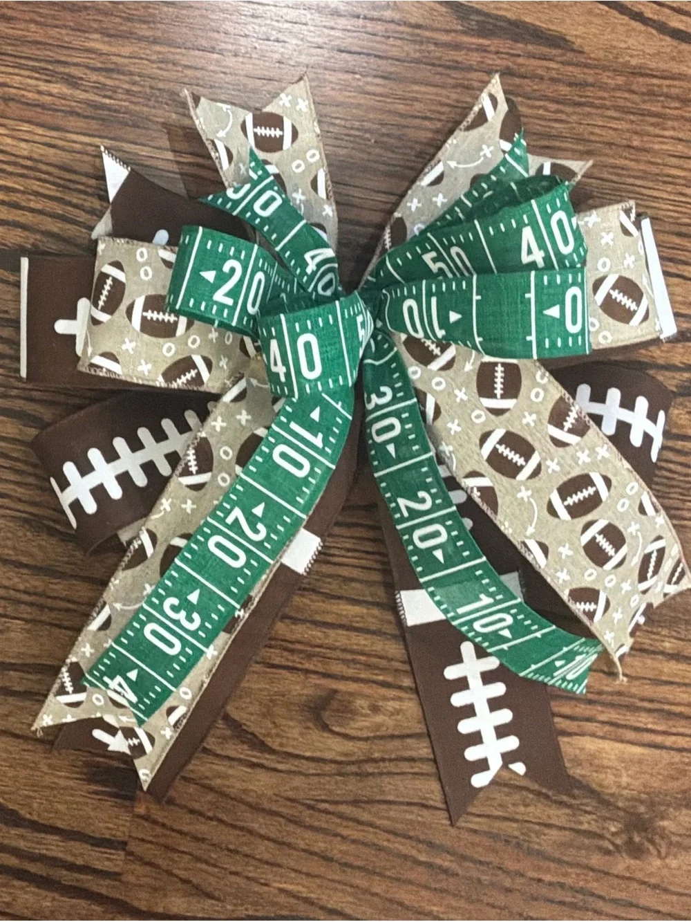 Green & Brown Football Ribbon Bow - Game Day Door Accent